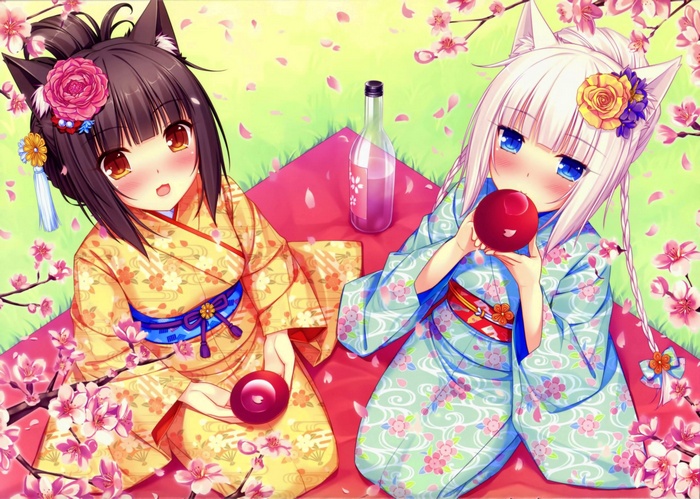 nekomimi, picknick, cherry blossom, cat girl, Chocolat (Neko Para), anime, flower in hair, Vanilla (Neko Para), anime girls, Neko Para, animal ears, Neko Works