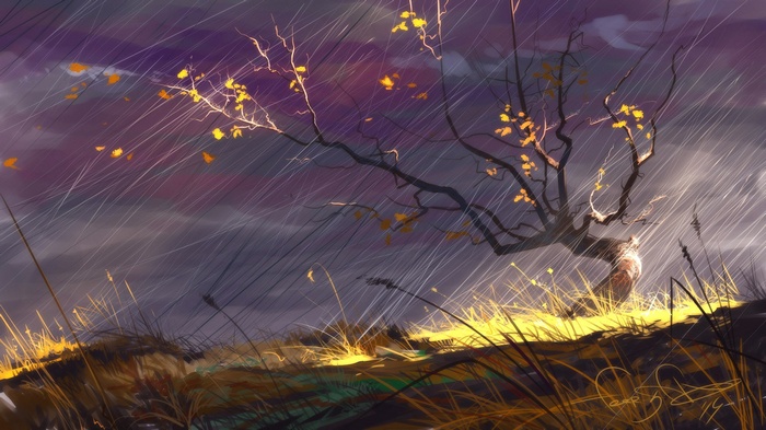 Digital art of a tree in the rain