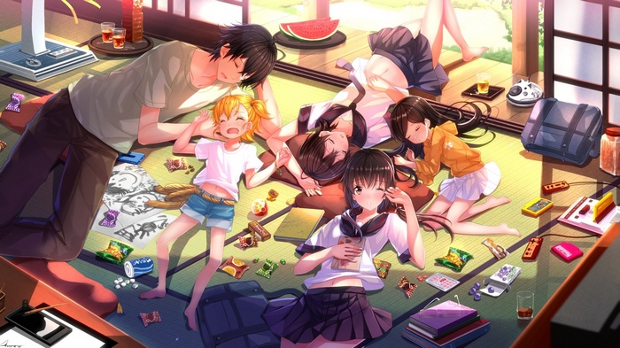 Anime characters relaxing on a tatami mat with snacks