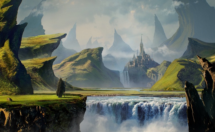 Fantasy landscape with a castle and a lone traveler