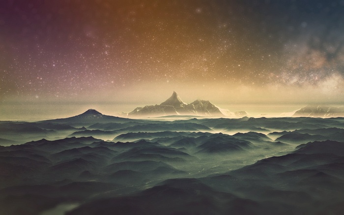 Digital art landscape with mountains and starry sky