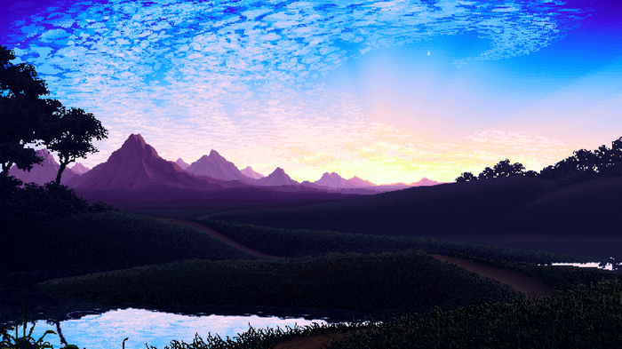 Pixel art landscape with mountains and a colorful sky