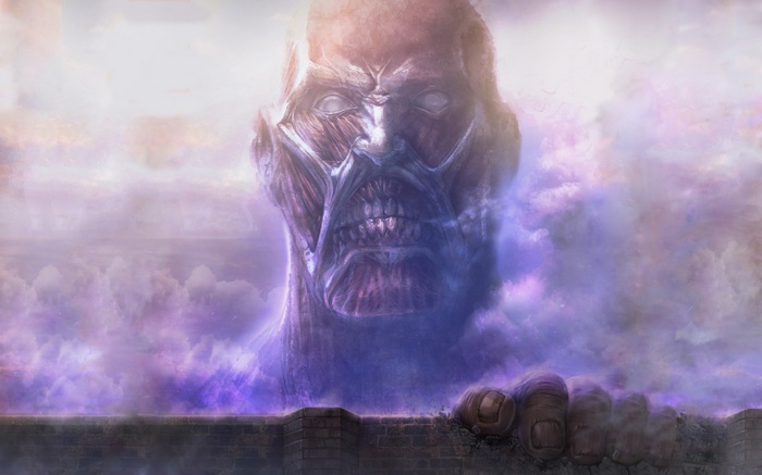 The Colossal Titan emerges from the clouds in Shingeki no Kyojin