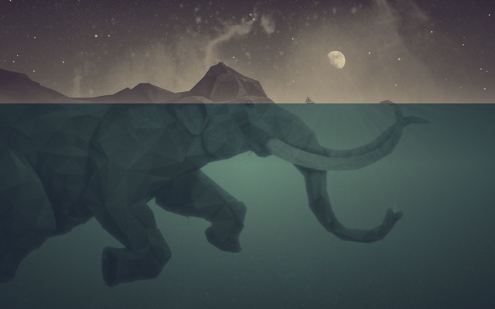 Low poly elephant swims underwater under a starry sky with moon