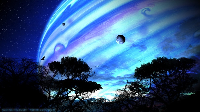 Avatar planet with moons and trees at night