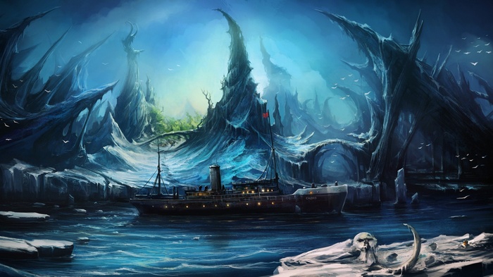 Fantasy ship sailing through icy, alien landscape