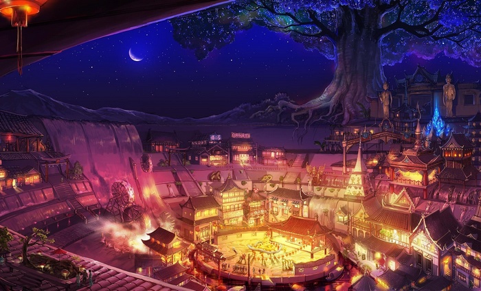 Fantasy city at night with a large tree