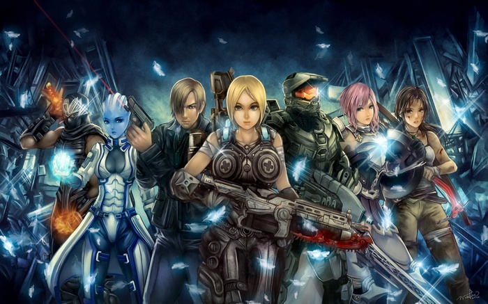 Video Game Characters Collage: Master Chief, Lara Croft, Leon Kennedy