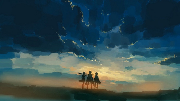 Attack on Titan characters stand on a hill at sunset