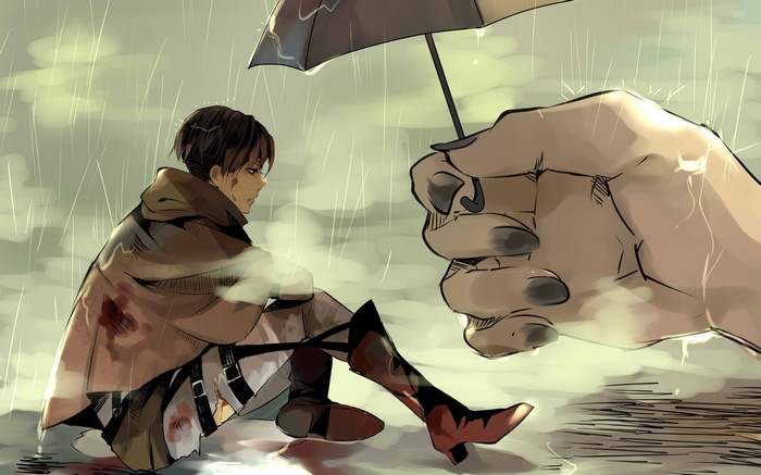 Levi Ackerman and a giant hand holding an umbrella in the rain