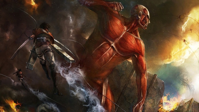 Attack on Titan Colossal Titan and Mikasa Ackerman