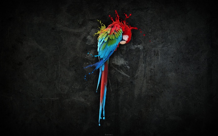 Digital art of a colorful macaw with paint splashes
