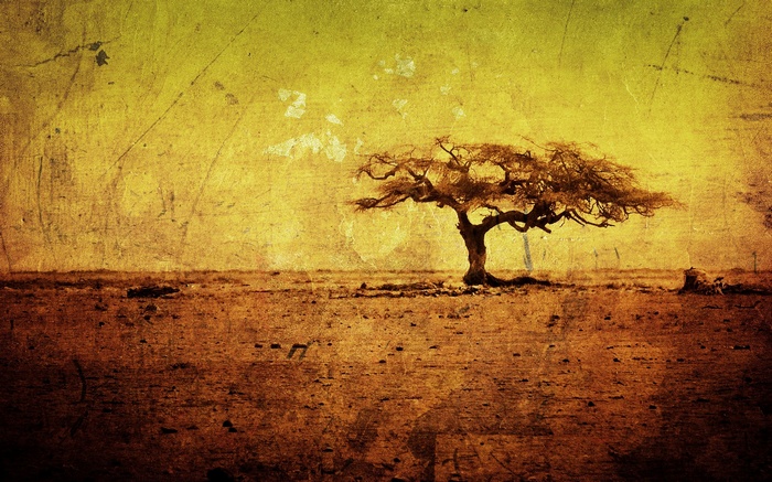 Grunge landscape with a lone tree
