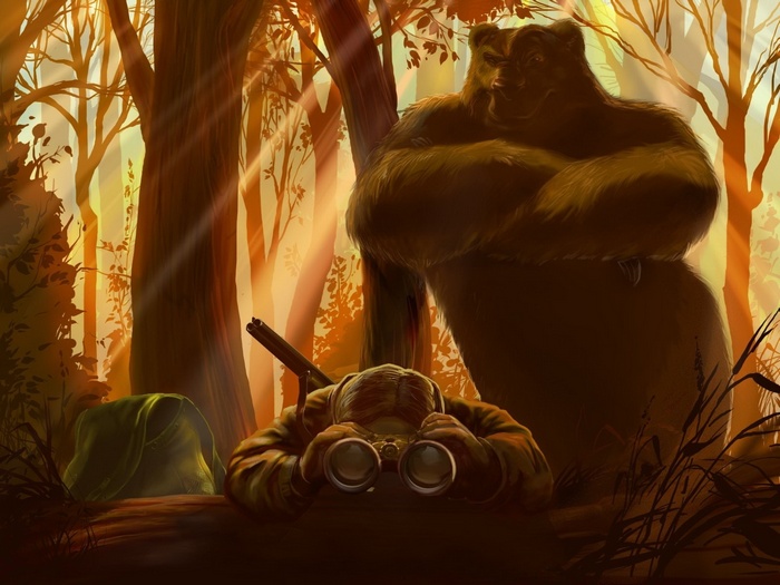 Bear watches a hunter with binoculars in a forest