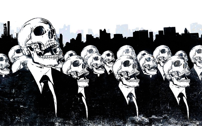 Artwork of skulls in suits against a city skyline