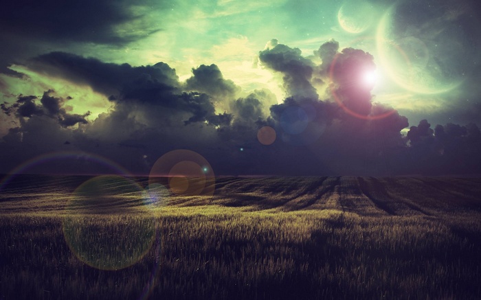 Fantasy field under alien sky with planets