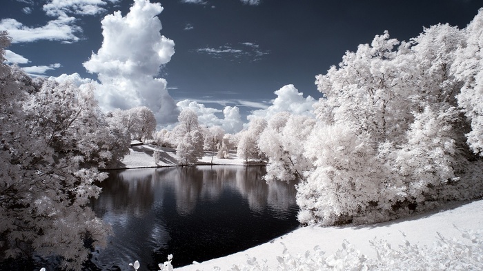 Infrared landscape with a lake and trees