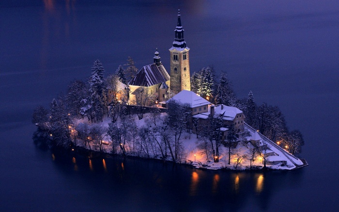 Church on an island in Slovenia during winter