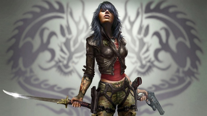 Woman with sword and gun, dragon background