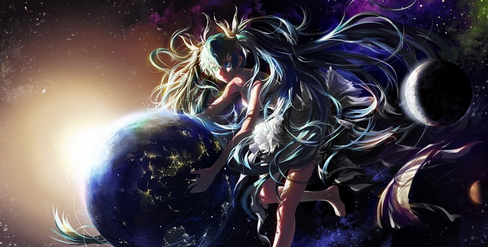 Hatsune Miku holding the Earth in space