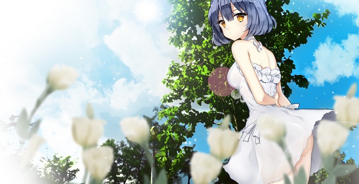 Anime girl with blue hair in a white dress