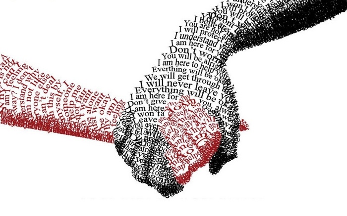 Hands formed from text offering support