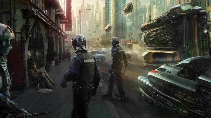 Futuristic cyberpunk city with police officers