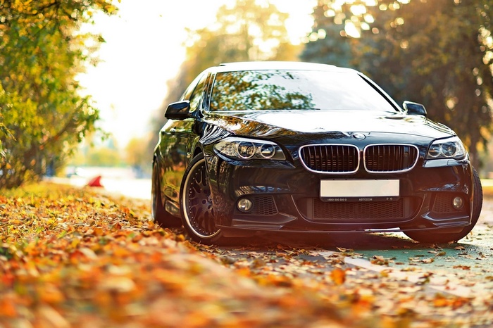 Black BMW car parked on a street with autumn leaves