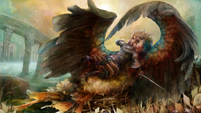 Knight riding a harpy in a fantasy landscape