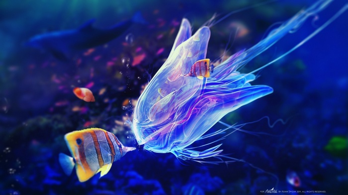 Digital art of fish and jellyfish underwater