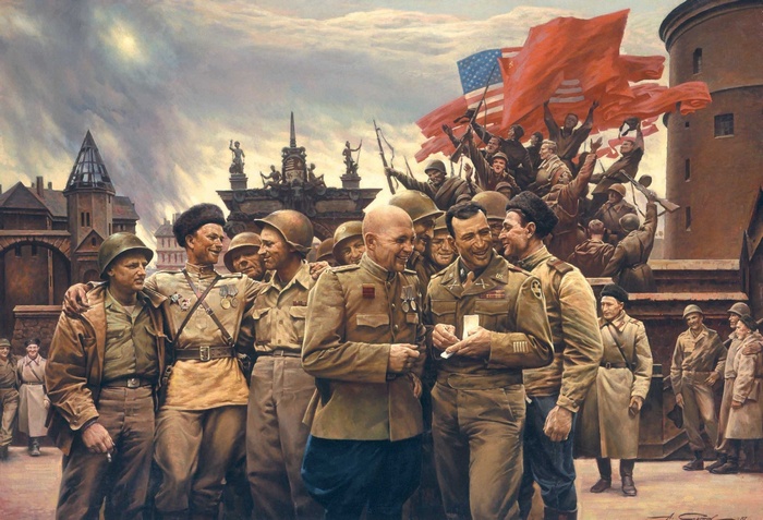 Allied soldiers celebrating at the end of World War II