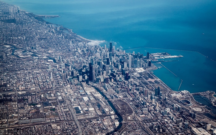 Aerial view of Chicago cityscape and Lake Michigan