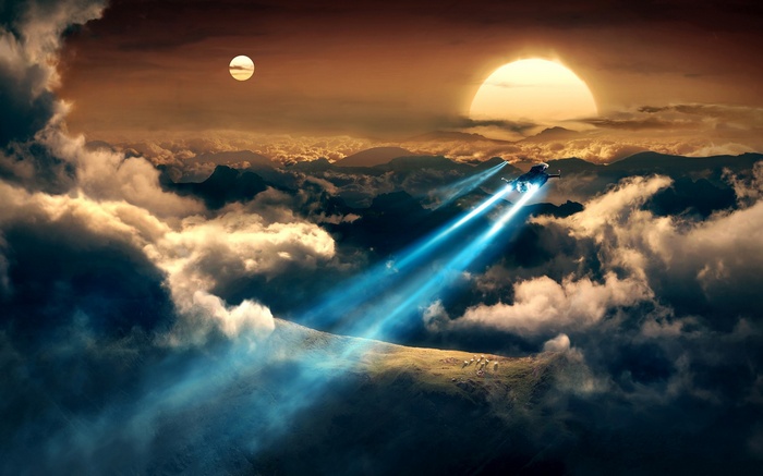 Spaceship flying through clouds over mountains at sunset