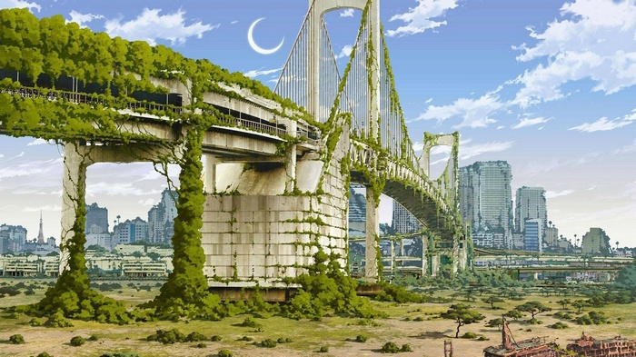 Apocalyptic bridge overgrown with nature in a city