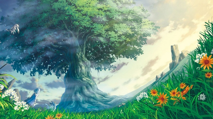 Fantasy artwork of a large tree and a girl