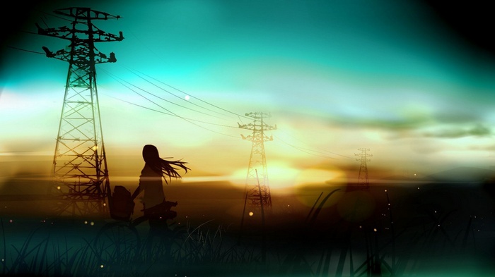 Anime girl with bicycle near power lines at sunset