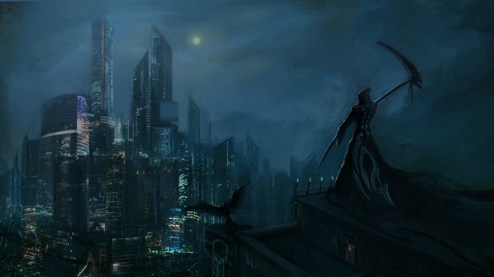 Grim Reaper overlooking a futuristic cityscape at night