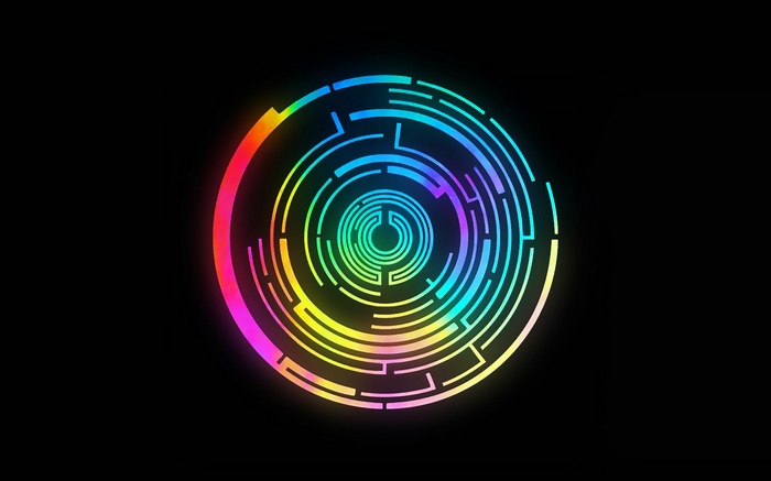 Abstract colorful circular maze logo on black background
