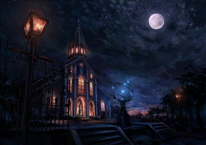 Fantasy church at night under a full moon