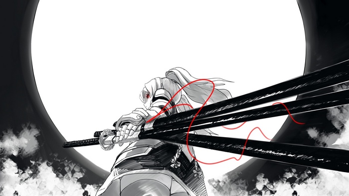 Anime girl with multiple swords and red markings