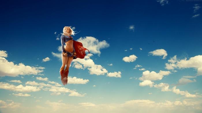 Supergirl flying in the sky with clouds