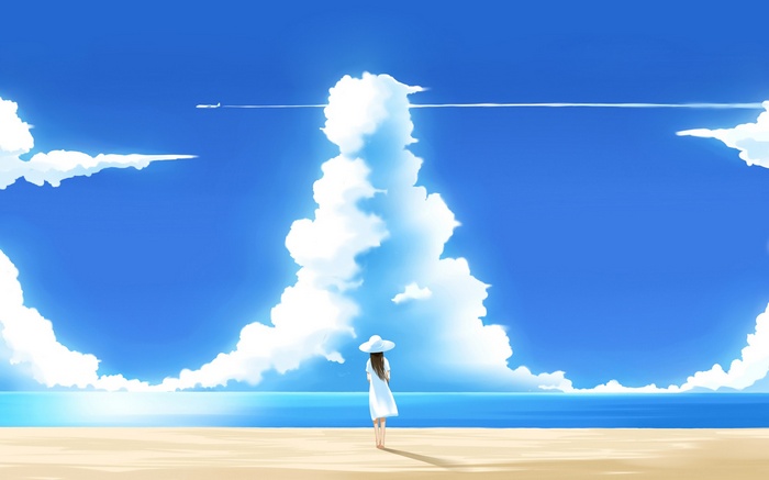 Anime girl on a beach with clouds and airplane