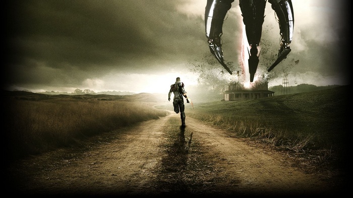 Mass Effect Reaper attacking a house with a soldier running