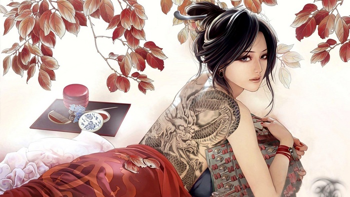 Anime girl with dragon tattoo and Japanese accessories