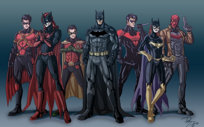 Batman, Batwoman, Batgirl, Robin, Nightwing, and Red Hood