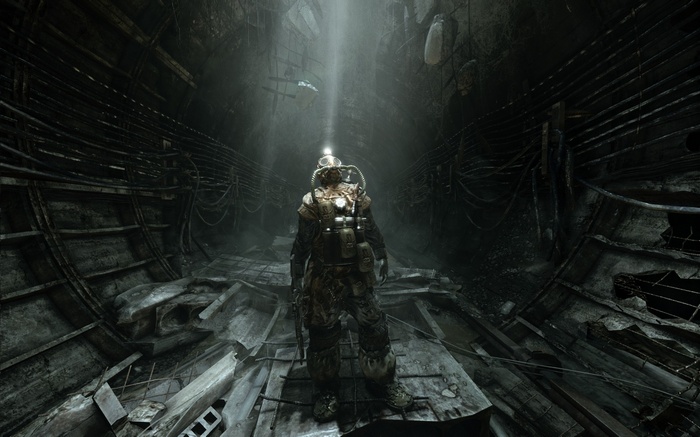 Metro 2033 character in a dark tunnel