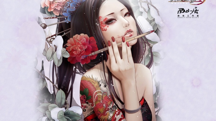 Jx Online Anime Girl with Dragon Tattoo and Flowers