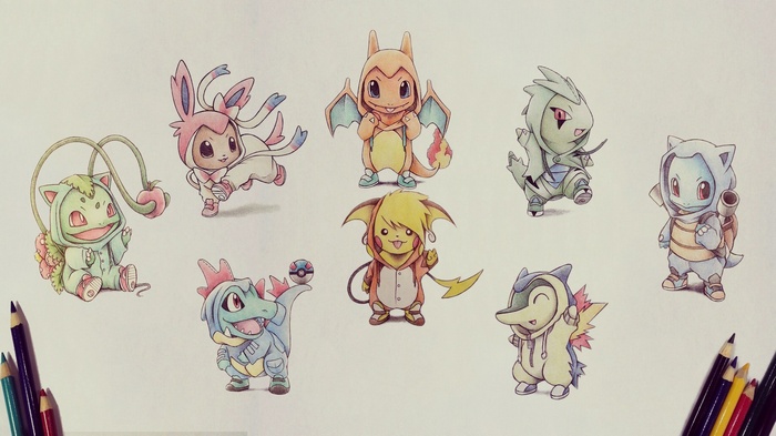 Pokemon characters in pajamas drawing