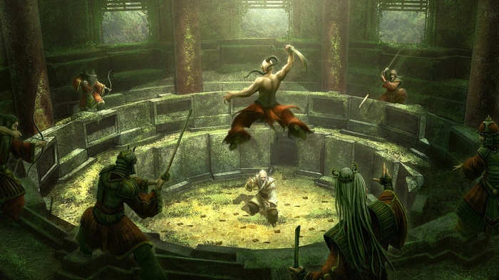 Warriors fighting in an ancient arena