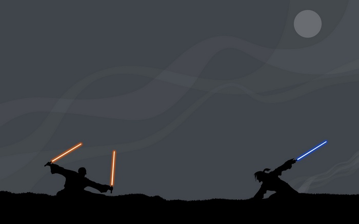 Star Wars Jedi duel with lightsabers at night